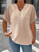 Plus Size, Women'S Plus Size New European And American Spring/Summer Short Sleeve Button Solid Color Elegant Casual T-Shirt - Image 3