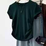 Women'S Casual Crew Neck Short Sleeve T-Shirt - Dark Green, Ribbed Hem, Lightweight & Stretchy, Perfect For Summer, Casual Attire|Ribbed Hem Tee|Lightweight Tshirt