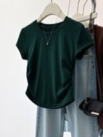Women'S Casual Crew Neck Short Sleeve T-Shirt - Dark Green, Ribbed Hem, Lightweight & Stretchy, Perfect For Summer, Casual Attire|Ribbed Hem Tee|Lightweight Tshirt