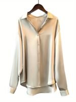 Elegant Long Sleeve Button-Up Blouse For Women - Chic Acetate Top With Lapel Collar, Solid Color, Perfect For Office Or Casual Wear, All-Season Comfort, Stylish Blouse | Classic Long Sleeve | Smooth Texture - Image 10