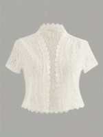Summer Solid Color Lace Patchwork Casual Open Front Jacket For Holiday Party Clothes - Image 3