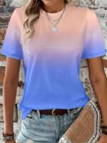 Gradient Crew Neck T-Shirt, Short Sleeve Casual Top For Spring & Summer, Women'S Clothing - Image 4