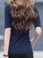 8077 Casual High Neck Solid Color T-Shirt For Women - Polyester Knit Fabric, Regular Fit, Spring/Fall Season - Image 7