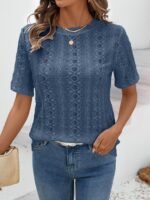 Eyelet Embroidered Crew Neck T-Shirt, Casual Short Sleeve Top For Spring & Summer, Women'S Clothing - Image 5