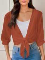 Women'S V-Neck Polyester Cardigan - Solid Color Half Sleeve Short Length With Lace-Up Detail, Non-Stretch Woven Fabric, Spring/Summer Lightweight Chiffon Sun-Protective Clothing - Image 3