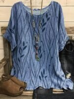 Women'S Plus Size Summer Loungewear Top - Breathable Loose Fit Leaf Print Blouse With Mustard Yellow & Green Design, Machine Washable Casual Home & Outing Shirt, Summer Blouse, Relaxed Outfit, Elegant Style, Easy Care, Stylish Shirt, Relaxed Style - Image 4