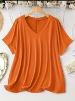 Plus Size Solid Simple V Neck T-Shirt, Casual Short Sleeve Top For Spring & Summer, Women'S Plus Size Clothing - Image 2