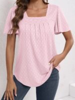 Plus Size Women'S Square Neck Ruffle Sleeve Top - Breathable Eyelet Cut-Out Fabric, Unique Chest Pleat Design, Elegant Fashion For Spring Summer Fall, Formal & Casual Wear, Casual Wear Top | Pleated Detail Top | Stretchy Fabric Top, Ladies T Shirts - Image 9
