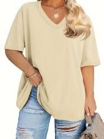 Women'S Plus Size Casual V-Neck T-Shirt, Polyester 95.0% Spandex 5.0%, Solid Color Knit Fabric, Retro Vacation Style Short Sleeve Tee For Spring/Summer, Ladies T Shirts - Image 6