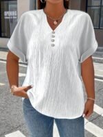 Plus Size, Women'S Plus Size New European And American Spring/Summer Short Sleeve Button Solid Color Elegant Casual T-Shirt - Image 8