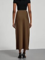 Women'S High-Waist Satin Midi Skirt - Elegant Solid Black, Flared Design, Perfect For Dates & Work, All-Season Polyester Skirt, Office Wear Skirt | Flared Skirt Style | Quality Construction - Image 9