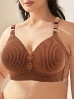 Women'S Plus Size Comfortable Striped Wireless Bra - Maternity Friendly, Medium Support, Knit Polyester Fabric, Regular Fit, All-Season Wear, Everyday Comfort Wear | Elegant Striped Design | Medium Support Bra, Ladies Underwear