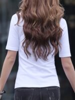 8077 Casual High Neck Solid Color T-Shirt For Women - Polyester Knit Fabric, Regular Fit, Spring/Fall Season - Image 9