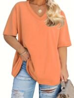 Women'S Plus Size Casual V-Neck T-Shirt, Polyester 95.0% Spandex 5.0%, Solid Color Knit Fabric, Retro Vacation Style Short Sleeve Tee For Spring/Summer, Ladies T Shirts - Image 9