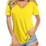 Solid Color Casual Short Sleeve T-Shirt, V-Neck Running Sports Tee, Women'S Activewear