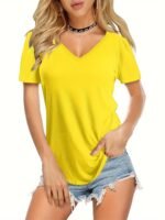 Solid Color Casual Short Sleeve T-Shirt, V-Neck Running Sports Tee, Women'S Activewear