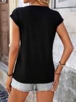 Women'S Casual V-Neck Top - Short Sleeve, Solid Black, Stretchy & Breathable Polyester Blend, Perfect For Spring/Summer/Fall, Versatile Clothing | Vneck Design | Construction - Image 10