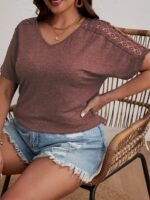 Women'S Plus Size 2024 Summer Fashion V-Neck T-Shirt - Pink With Lace Detail, Short Sleeve, Lightweight & Stretchy Fabric, Casual Wear, Casual Wear Tee | Lace Trim Top | Comfortable Fit, Plus Size Shirts - Image 3
