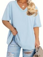 Women'S Plus Size Casual V-Neck T-Shirt, Polyester 95.0% Spandex 5.0%, Solid Color Knit Fabric, Retro Vacation Style Short Sleeve Tee For Spring/Summer, Ladies T Shirts - Image 2