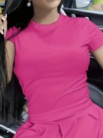 Solid Color Crew Neck T-Shirt, Casual Short Sleeve Top For Spring & Summer, Women'S Clothing - Image 7