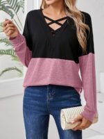 Plus Size, Women'S Casual Long Sleeve T-Shirt - Color-Blocked V-Neck Cross-Strap Design, Black & Olive Green, Machine Washable, Spring Summer Fall Essential, Everyday Outfit, Stylish Pullover, Comfortable Fit, Pullover Top, Casual Attire - Image 5