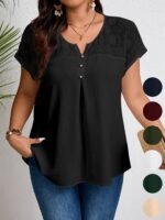 Women'S Plus Size Casual Top - Elegant Maroon Blouse With Contrast Lace Detail, Non-Stretch Fabric, Perfect For Spring/Summer/Fall, Plus Size Blouses - Image 2
