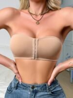 1Pc Women'S Front Closure Strapless Bandeau Bra - No Underwire, Medium Support, Soft Pink/White, Adjustable Straps & Buckle Closure For Casual Attire, Versatile Undergarment, Sleek Design, No Padding - Image 7