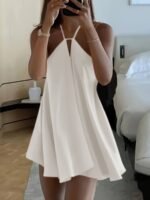 Women'S Sexy Backless V-Neck A-Line Dress - Sleeveless, Tie-Back Waist, Flowy Orange Mini Dress For Summer, Beach & Casual Outings