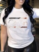 1Pc Stylish Letter Print Women'S Casual Sport Black Dark Grey White Apricot Brick Red Matcha Round Neck Pullover T-Shirt Polyester Spandex Comfortable Short Sleeve Top - Image 5