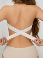 Wireless Bandeau Bralette With Side Closure, Sexy Strapless Nylon Knit Fabric - Removable Padding, Cross Strap Detail, Solid Color Stretch Bandeau For Adults - Nylon 75%, Elastane 25% - Image 8