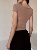 Solid Color Scoop Neck T-Shirt, Elegant Short Sleeve Slim Fit Top For Spring & Summer, Women'S Clothing - Image 10