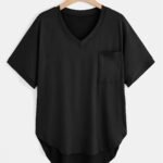 Plus Size Women'S V-Neck Short Sleeve T-Shirt - Casual Stretch Top, Solid Black, Spring Summer Fall Essential, Hand Wash Only, Semiformal Attire, Versatile Fashion, Nontransparent Fabric