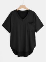 Plus Size Women'S V-Neck Short Sleeve T-Shirt - Casual Stretch Top, Solid Black, Spring Summer Fall Essential, Hand Wash Only, Semiformal Attire, Versatile Fashion, Nontransparent Fabric