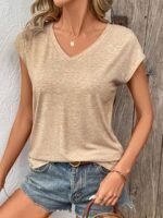 Solid Color V Neck T-Shirt, Casual Short Sleeve T-Shirt For Spring & Summer, Women'S Clothing - Image 5
