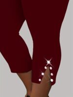 Plus Size, Plus Size High-Waisted Stretchy Rhinestone-Embellished Side Slit Capri Pants - Solid Black Casual Outdoor Leggings For Women, Spring/Summer Fashion, High Waist Pants, Spring Summer Apparel, Nontransparent Fabric, Spring Fashion, Breathable Material, Summer Wardrobe - Image 2