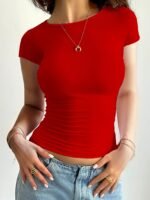 Crew Neck Tight Fit T-Shirt, Y2K Short Sleeve Summer Top, Women'S Clothing - Image 2
