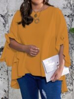 Plus Size Solid Ruffle Sleeve Blouse, Casual Crew Neck Irregular Hem Blouse For Spring, Women'S Plus Size?Clothing - Image 7