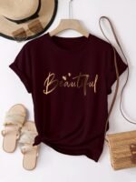 Women'S Casual Crew Neck T-Shirt With Heart & Letter Print - "Beautiful" Design, Short Sleeve, Loose Fit, Black, Perfect For Spring/Summer/Fall, Ladies T Shirts - Image 2