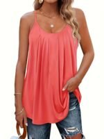 Plus Size, Women'S Casual Loose Fit Ruched Sleeve Round Neck Tank Top - Beige Breathable Stretchy Blouse For Spring/Autumn, Machine Washable - Image 7