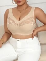 Plus Size Contrast Lace Trim Bra - Breathable Comfortable Stretch Fabric, No Underwire & No Padding, Soft Beige Sexy Casual Attire, Lace Lingerie, Elegant Intimate Apparel, Smooth Texture Finish - Image 2