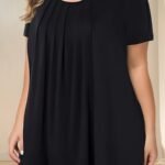 Plus Size Solid Color Pleated Button Detail T-Shirt, Casual Short Sleeve Crew Neck Top For Spring & Summer, Women'S Plus Size Clothing