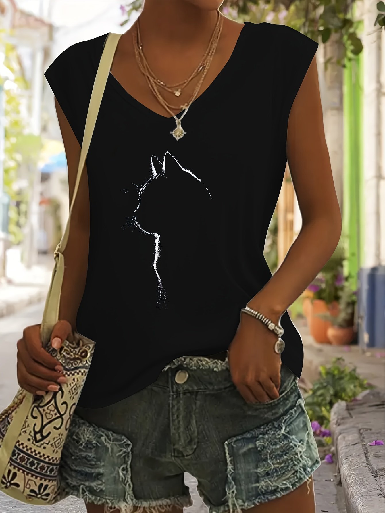 product-fancy-54cd8904-8188-4e6a-b346-0f0834c110c4.jpg Cat Print Cap Sleeve T-Shirt, Casual V Neck Top For Summer & Spring, Women'S Clothing - Image 1