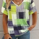 Plus Size, Plus Size Women'S Casual V-Neck Short Sleeve T-Shirt - Stretchy Patchwork Print Top With Lime Green & Purple Geometric Design, Machine Washable For Spring Summer Fall, Seasonal Fashion, Nontransparent Fabric, Highelastic Material