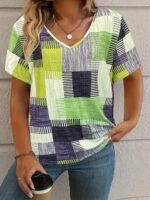 Plus Size, Plus Size Women'S Casual V-Neck Short Sleeve T-Shirt - Stretchy Patchwork Print Top With Lime Green & Purple Geometric Design, Machine Washable For Spring Summer Fall, Seasonal Fashion, Nontransparent Fabric, Highelastic Material