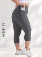 Women'S Plus Size High-Waisted Capri Leggings With Side Phone Pockets, Stretchy Workout Pants