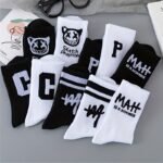 5-Pack Unisex Mid-Calf Socks - Breathable Moisture-Wicking All-Season Athletic Socks With Cartoon Letter Print (C/M/P/Phantom/Sketch) - Black & White Couples Socks For Daily Wear & Sports - Machine Washable, Fluffy Socks, Breathable Fabric - Image 3