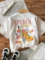 Illustration Style Cocktail Aperol Letter Print T-Shirt, Loose Casual Round Neck Top For Women. - Image 9