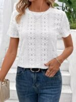 Solid Color Eyelet Embroidered T-Shirt, Elegant Short Sleeve T-Shirt For Spring & Summer, Women'S Clothing - Image 5