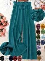 Women'S Plus Size Green Wide-Leg Pants - Non-Stretch, Straight Leg, Spring/Summer Fashion, Drawstring Waist, Casual Wear, Casual Wear Pants|Wide Leg Fashion|Drawstring Waistband, Plus Size Pants - Image 4