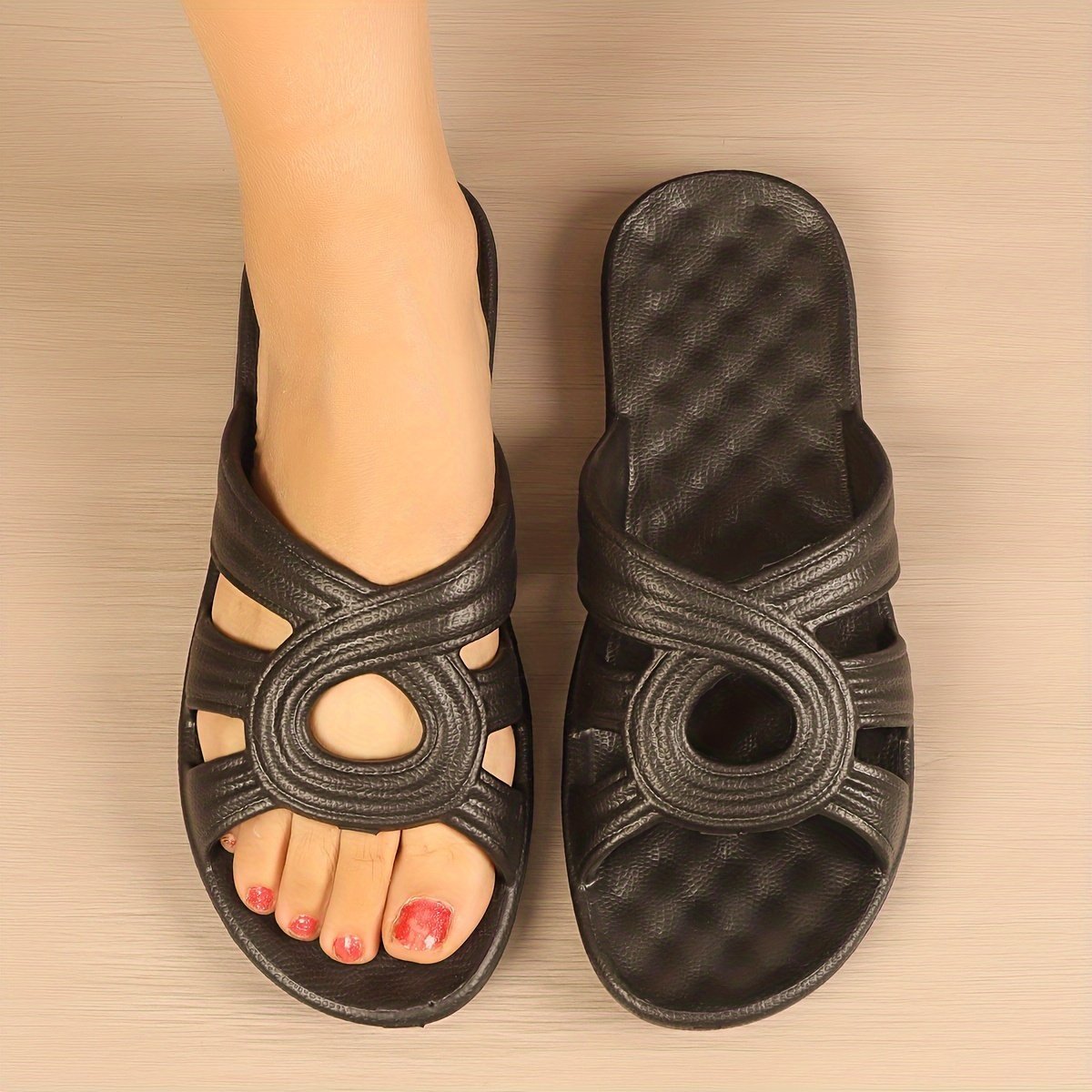 product-fancy-55ded2a8-9599-46ba-86cc-5a541356391a.jpg Women'S Hollow Out Flat Slides, Solid Color Summer Outdoor Shoes, Minimalist Soft Sole Slides For Holiday - Image 1